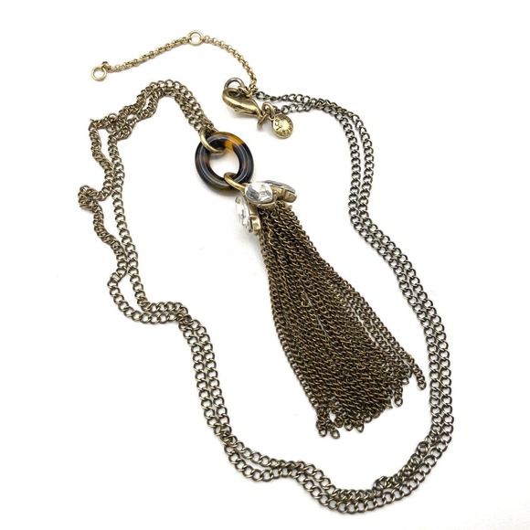 J.Crew Necklace 34" Faux Tortoise Shell Rhinestone Capped Tassel Chain Pendant - Picture 1 of 6